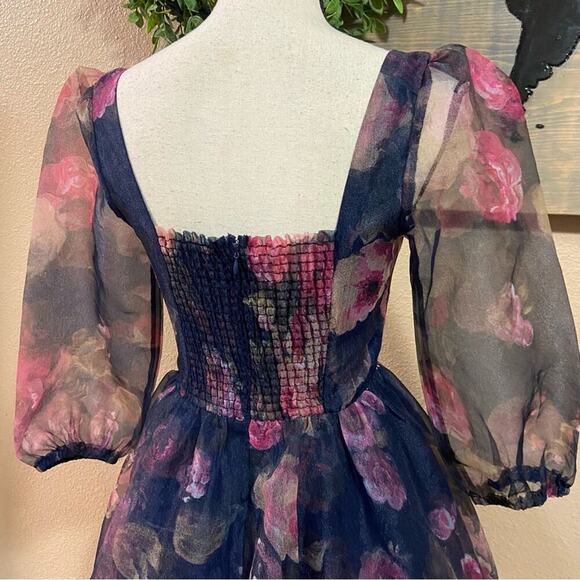 NWOT Lulus Lovely Idea Navy Blue Floral Three-Quarter Sleeve Skater Dress - Picture 7 of 12